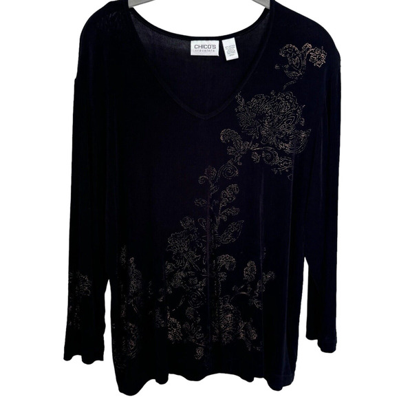 Chico's Travelers Black Slinky Top V Neck Painted Metallic Floral Sz 3/XL - Picture 1 of 7